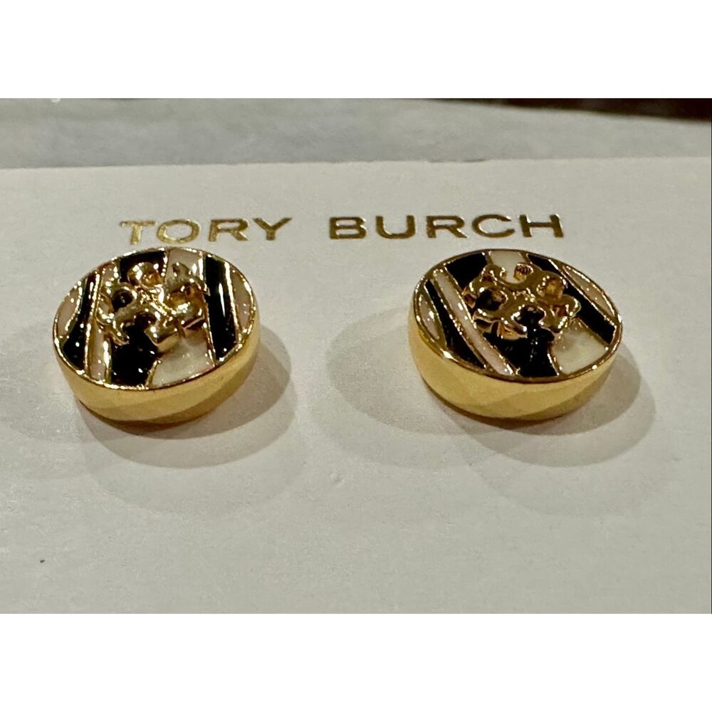 Tory Burch NEW earrings - Kira Enamel Circle-Stud Earrings - Gold Zebra - Picture 7 of 12
